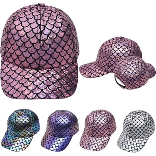 2021 NEW PU Leather Sexy Rainbow Light With Fish Scale Pattern Ladies Hat Cap Hip Hop Dance Mens Baseball Coarse Sun Hats