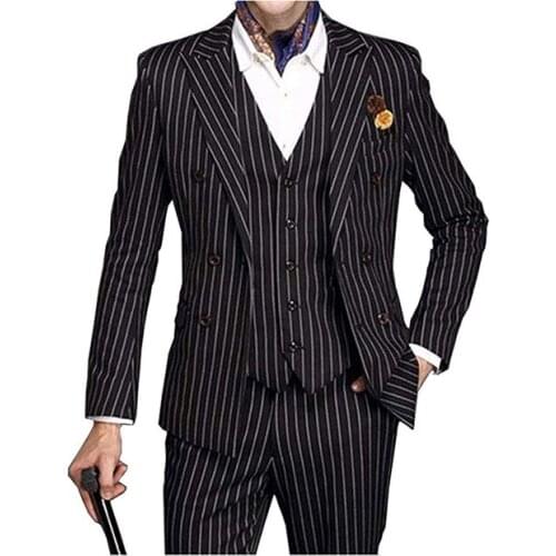 2020 Custom Made Black Stripe Suit Mens Wedding Prom Suits Fashion Groomsmen Slim Fit Tuxedos 3 Piece Set (Jacket+Vest+Pants)