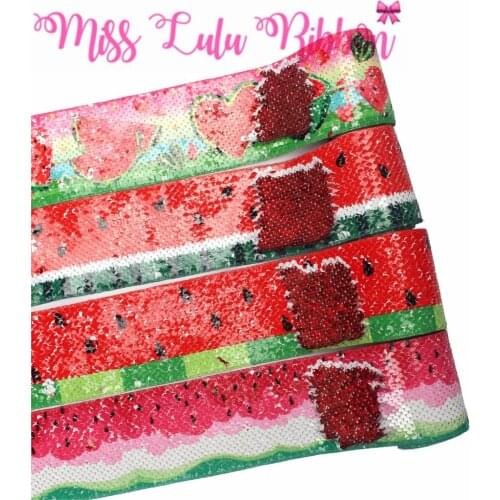 3"75mm Fruits Series Summer Watermelon Printed Double Reversible Hologram Red Sequin Ribbon DIY Hair Bowknots 46yards