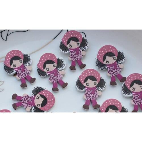 300pcs Cute Girl in perm hair Wood cabochon pendant charm Wood Buttons 28mm wooden decoden