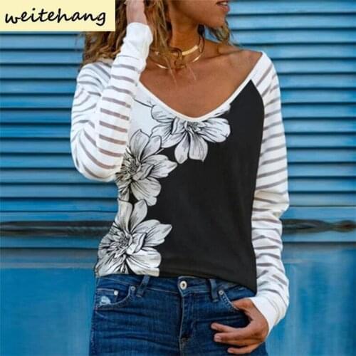 Spring Autumn New V-Neck Blouse Shirts Vintage Floral Print Patchwork Pullover Tops Fashion Striped Long Sleeve Blusa Blouses