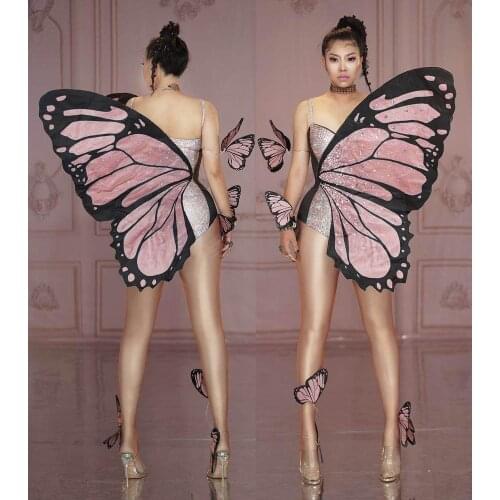 Pink Butterfly Wings Bodysuit Women Nightclub Stage Outfits Women Party Show Performance Dance Costume Halloween Cosplay Costume