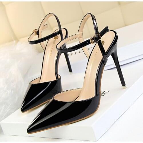 Womens shoes Summer style simple thin heel ultra high heel shallow mouth pointed leather sexy nightclub slim one-line sandals