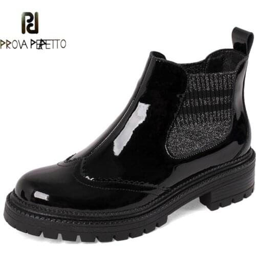 Round Toe Thick-soled Stitching Elastic Martin Boots Single Boots Patent Leather Medium Thick Heel Chelsea Boots Ankle Boots