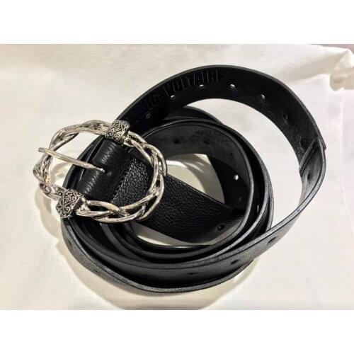 Long Black COWHIDE Leather Belt SILVER Metal Buckle Fashion Ladies Belt