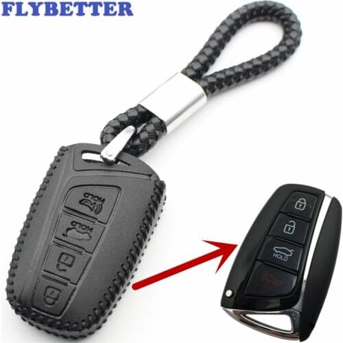 FLYBETTER Genuine Leather 4Button Keyless Entry Smart Key Case Cover For Hyundai SantaFe/Equus/Azera/Genesis L110