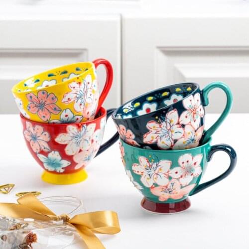 Large-capacity Ceramic Hand-painted Coffee Cup Embossed Saucer Color Hand-painted Mug Retro Breakfast Cup Creative Tea Set Cups