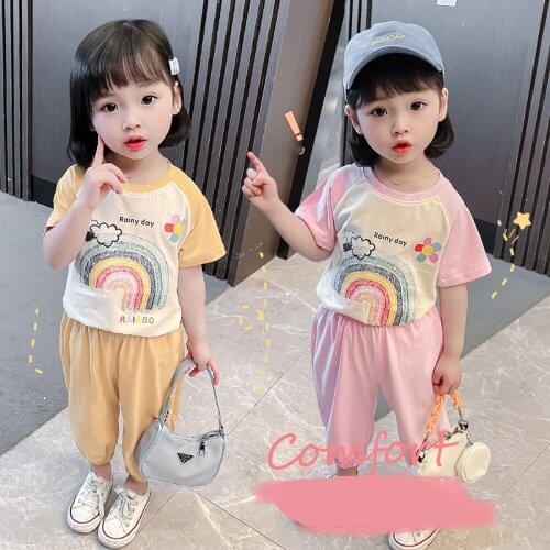 2021 Summer Baby Girls Clothes Sets Kids Fashion Rainbow Print Short Sleeve T-Shirt Tops+Loose Pants 2Pcs Children Clothes Suits