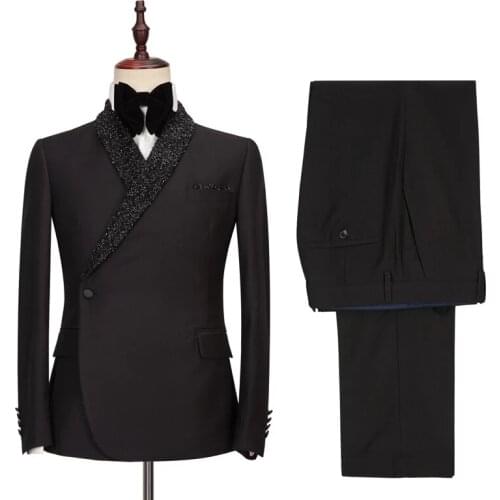 Latest Black Men Suits Costume Shiny Lapel Wedding Groom Prom Tuxedo Blazer Terno Masculino Slim Fit 2 Pieces Jacket Pant