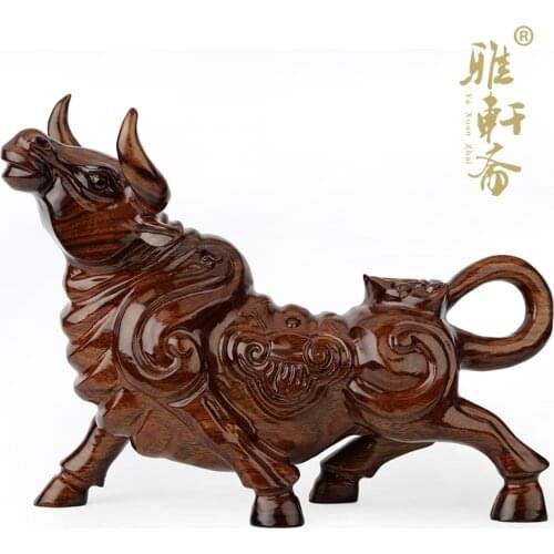 Red wood crafts solid wood carving Fengshui ornament 12 zodiac cattle attract wealth wood carved cattle