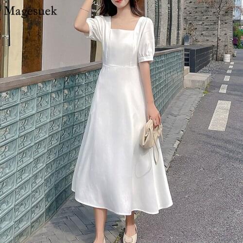 Summer 2021 Puff Sleeve Plus Size Female Dress Elegant Party Dresses Vintage Square Collar White Women Dress Fobe Femme 13838
