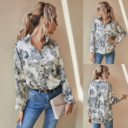 Summer Women T-Shirts Ink-Painting Print Long Sleeve Female Blouse Stand Collar Loose Style Spring Autumn Casual Outwear C2509