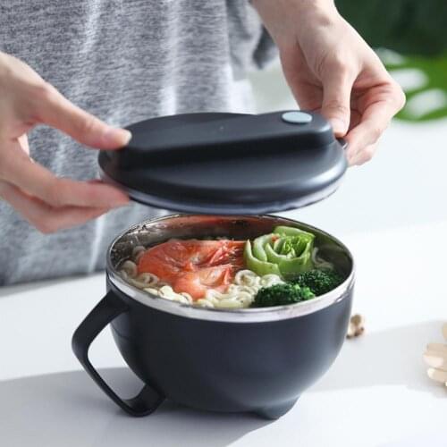 Stainless Steel Noodle Bowl Rice Soup Container Food Lunch Handle Box Sealed Instant Student Food Bowl with Lid for Trip Picnic