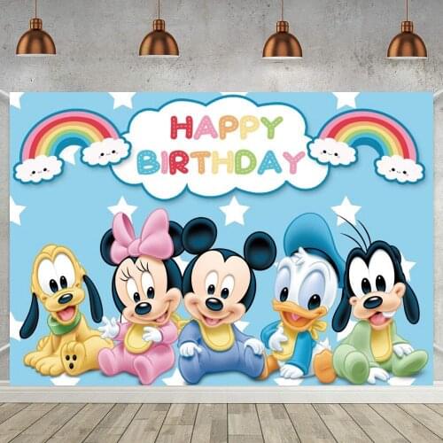 Cartoon Dogs Mouse Duck Kids Birthday Party Backdrop Rainbow Smile Cloud Blue Pink Cake Dessert Table Decor Background For Photo