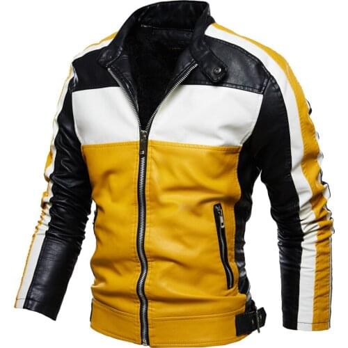 High Quality New Mens Fashion Leather Jacket Men PU Leather Stand Collar Motorcycle Jacket Color Matching Warm Male Overcoat