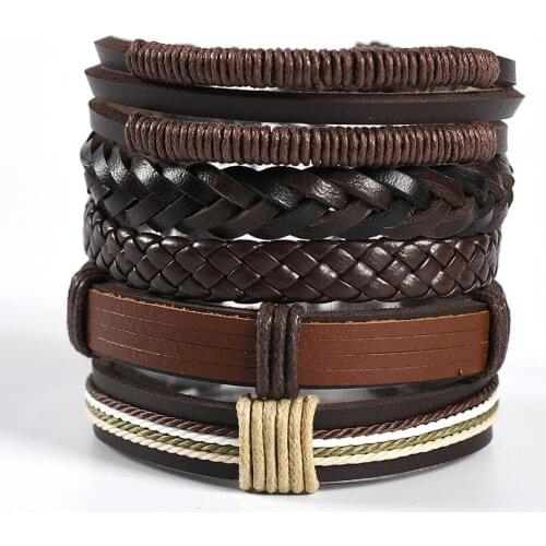 Mens Leather Bracelets 2021 High-end Fashion Vintage Handmade Feather Leaf Bracelet Jewelry Adjustable Multilayer Bracelet Set