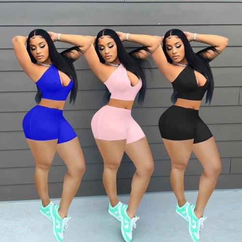 Solid Sports One Shoulder Short Tracksuit Women Casual Streetwear Hollow Out Tank Crop Top + Biker Shorts Bodycon Two Piece Set
