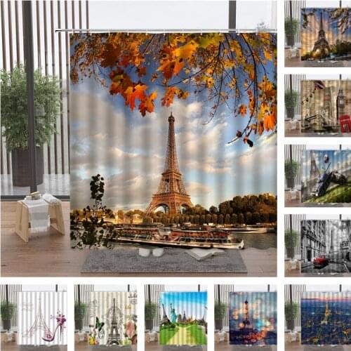 Paris Iron Tower Shower Curtain World Big Clock Liberty Goddess Butterfly Car Sky Maple Leaves Scenery Bathroom Accessories Set
