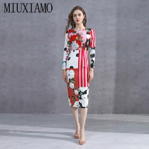 MIUXIMAO 2020 Spring& Fall Dress Newest Cute Print Flower & Dot Full Sleeve O-neck Elegant Casual Dress Women Vestidos