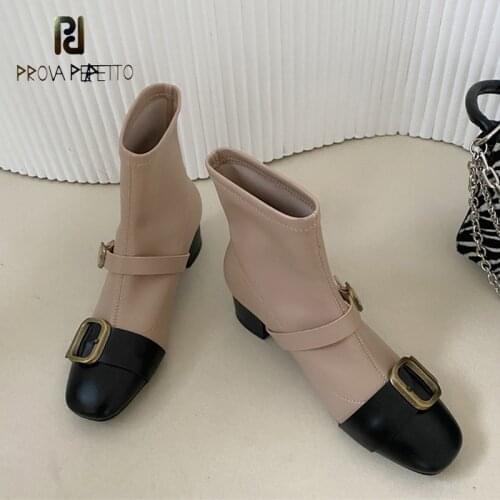 Xiaoxiang Mixed Color Fried Street Short Boots Round Head Thick Heel Stretch Boots Metal Decorative Belt Buckle Thin Boots