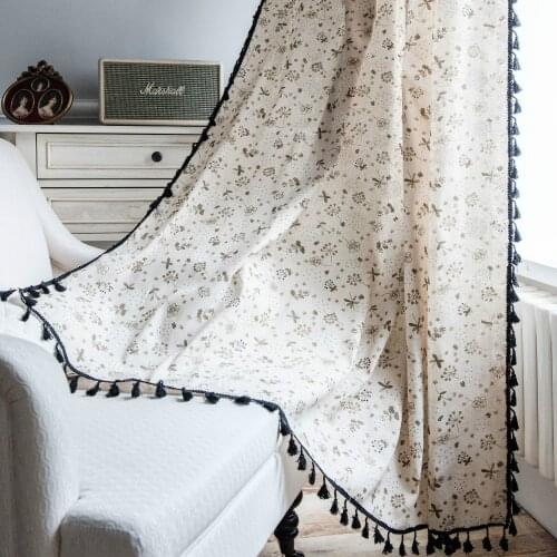 Cilected Dandelion Printed Curtains Black Tassel Cotton And Linen Semi-Shade Bay Window Curtains Home Decoration Room Curtain