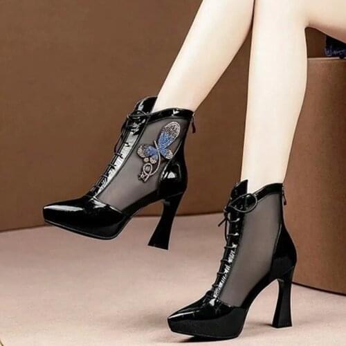 High Heeled Shoes Womens Thick Heeled New Fashion Cool Boots Gauze Patent Leather Shoes Diamond Net Bread Sandals