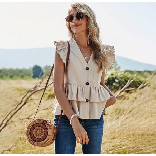 2021 Summer New Design Women Fashion Sleeveless V-Neck Elegant Ruffles Button Blouse Casual Cotton Linen Solid Tops Shirts