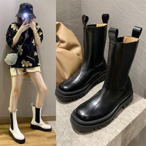 2021 Spring Autumn New Women Fashion Chunky Black White PU Leather Short Boots Classic Punk Gothic Platform Mid-Calf Girl Boots