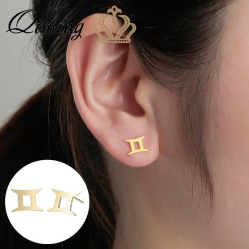 QIMING Horoscope Astrology Gemini Stud Earrings Women Wholesale Jewelry Dropshipping 12 Zodiac Stainless Steel Jewelry Gift