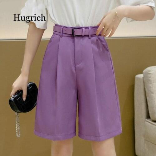 New 2021 Wide Leg Loose Bermuda Shorts for Women High Waist Purple or Black Cotton Shorts Free Belt High Quality Bermuda Femme