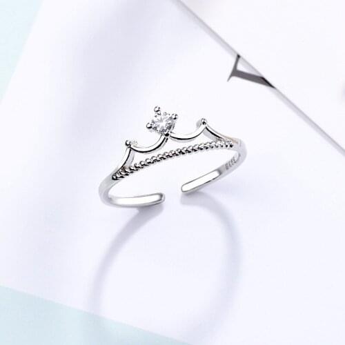 HF JEL S925 Sterling Silver Rings for Women Adjustable Crown Cubic Zirconia Rings Women Anniversary Engagement Wedding Bands