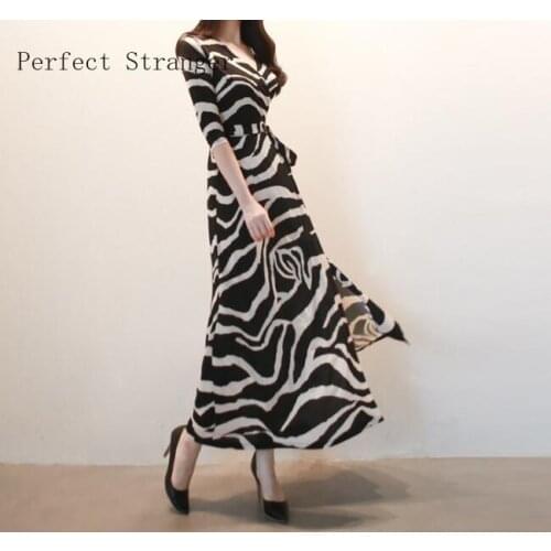 2021 Spring New Arrival V Collar Loose Zebra-stripe Collect Waist Jag Chiffon Long Dress