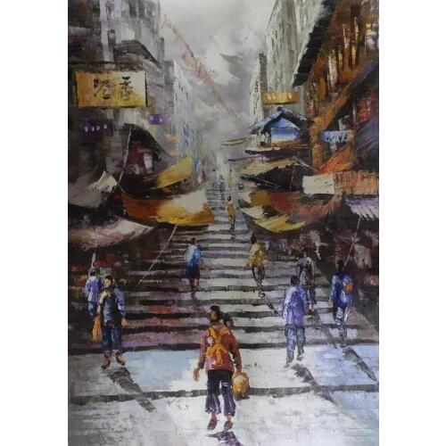 100%Hand Painted Canvas Knife Oil Painting Abstract Hong Kong Trams Street Canvas Painting Wall Art Picture for Home Decoration