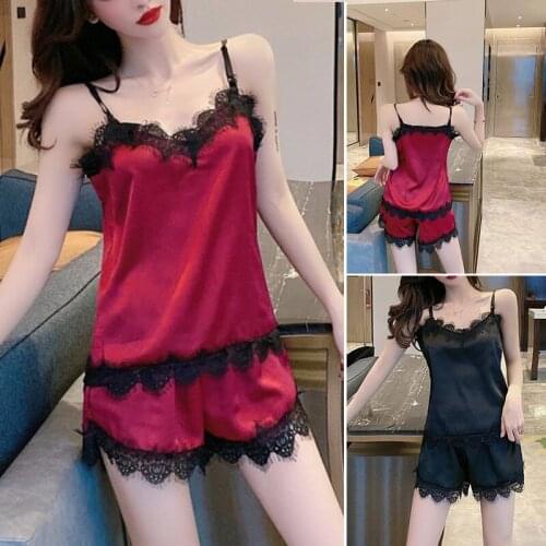 2pcs/Set Women Satin Lace Sleepwear Ladies Lingerie Nightdress Pajamas Set NOV99