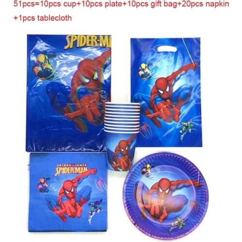 51Pcs/Lot Hot Spiderman Theme Cups Plates Gift-bags Tablecover Nakpins For Kids Boys Birthday Party Design Decoration Supplies