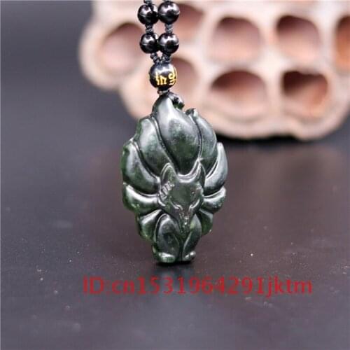 Amulet Nine-tailed Chinese Charm Black Pendant Men Natural Necklace Jade for Fox Accessories Obsidian Green Gifts Carved Jewelry