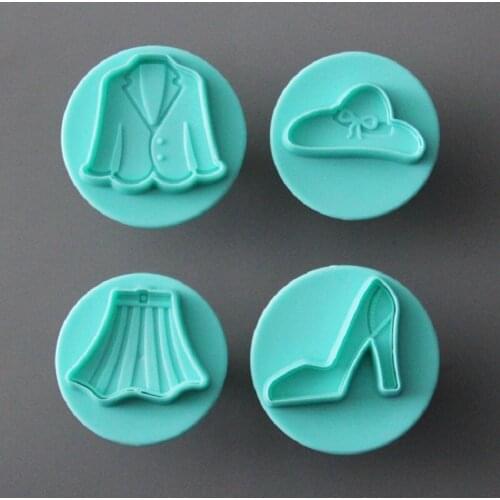 Free Shipping High Quality Plastic 4pcs Fashion Hat,Shoe, Jacket and Skirt Cake Fondant Plunger Cutters DIY Sugarcraft Tools Set