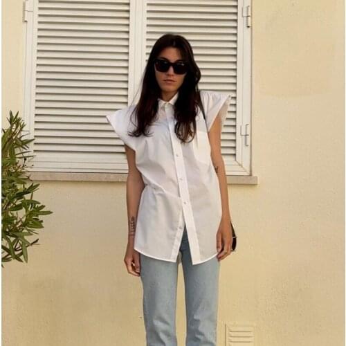 Hirigin Summer Elegant Sleeveless White Blouses Office Lady Button Vintage Shirt Turn Down Collar Tops Womens Clothing 2021