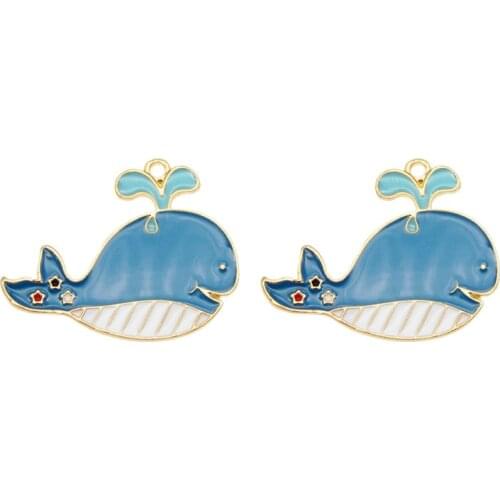 Julie Wang 4PCS Enamel Blue Cartoon Whale Charms Alloy Ocean Fish Animal Pendant Bracelet Earrings Jewelry Making Accessory