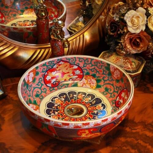 Dragon China Painting Ceramic Sinks Counter Top Wash Basin Bathroom Sink vessel decorative bathroom chinese washbasin