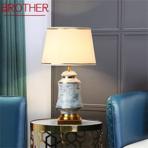 BROTHER Ceramic Table Lamps Blue Brass Desk Light Modern Luxury Fabric Decorative for Home Living Room Dining Room Bedroom