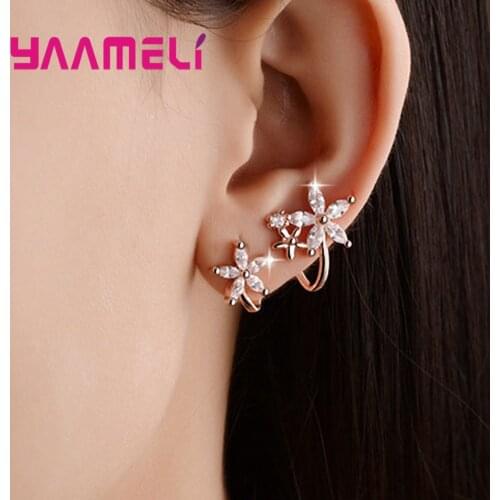 Punk Rock Clip Earring 925 Sterliong Silver Clear Cubic Zircon Handmade Star Flower Woman Girl Piercing Brincos Jewellery