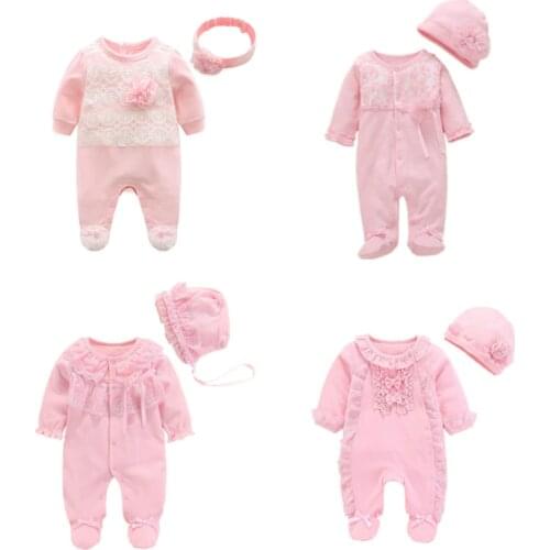 Newborn Baby Jumpsuit With Footies Cotton Pink Lace Ruffle Footies Long Sleeve Jumpsuit Outfit 0 3 6 Months Baby Girl Clothing