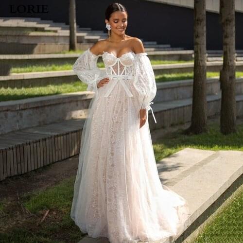 LORIE Fairy Lace Wedding Dresses Sweetheart Puff Sleeve Beach Bridal Gown Off The Shoulder Lace Up Back Princess Wedding Gowns