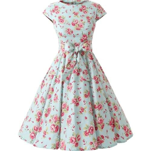 Summer Dress Hepburn Vestido Plus Size Women Floral Print Casual Party Robe Pinup Rockabilly 50s Vintage Dresses VD0235