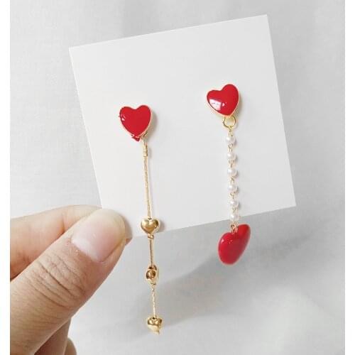 Sweet And Fashionable Girl Earrings Small Red Heart Asymmetrical Creative Personality Vitality Girl Long Pearl Earrings For Sale