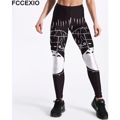 FCCEXIO Cartoon Umbrella Cute Totoro Prints Fitness Workout Push Up Women Leggings Slim Sexy Female Pencil Pants Plus Size