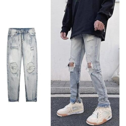 Fashion Men Ankle Zipper Slim Skinny Ripped Vintage Street Hip Hop Jeans