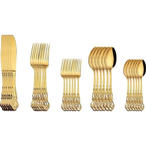 30pcs Royal Cutlery Set Gold Stainless Steel Dinnerware Western Knives Tea Spoon Forks Kitchen Dinner Silverware Tableware