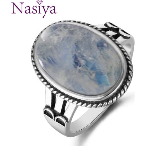 Nasiya New Classic Big 10x17 MM Oval Natural High Quality Moonstones For Rings Women 925 Silver Fine Vintage Jewelry Wholesale